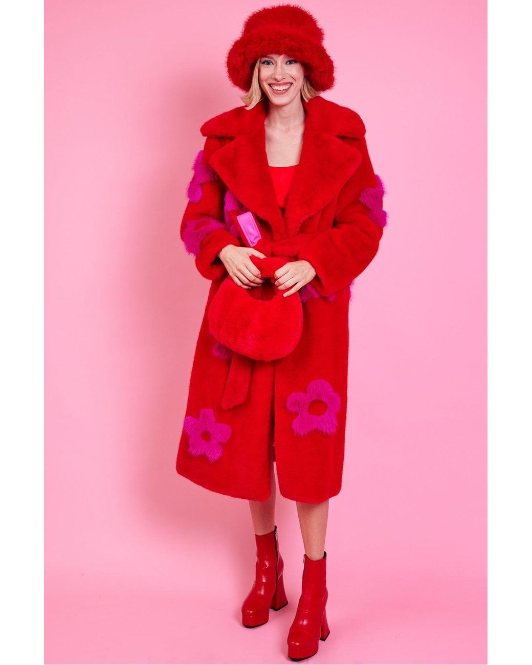 Jayley Red Faux Fur Long Coat
