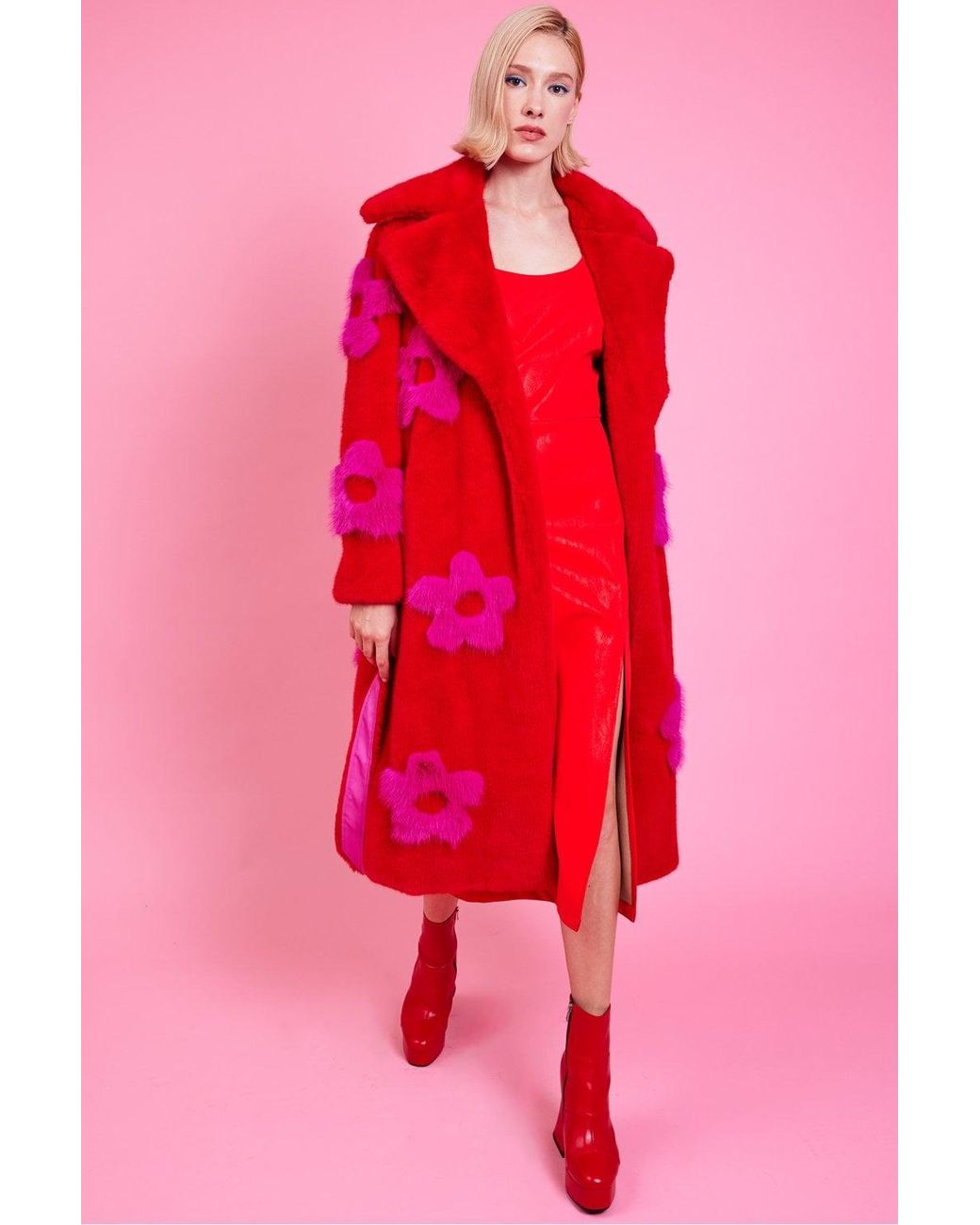 Jayley Red Faux Fur Long Coat