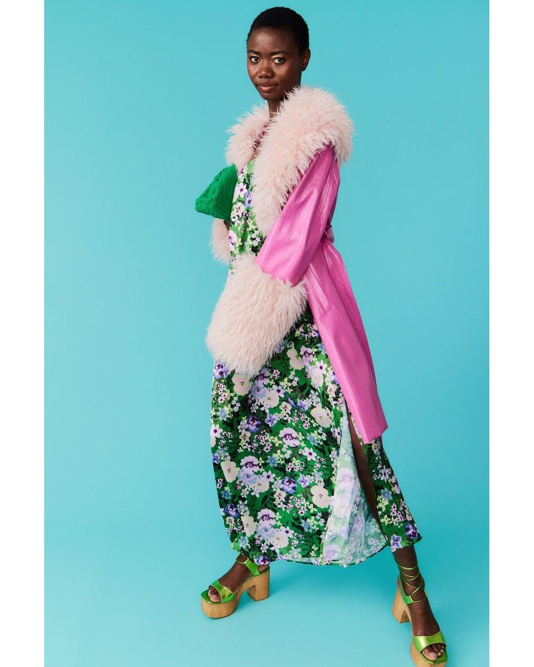 Jayley Green Eco Leather Trench Coat With Faux Mongolian Fur Cuffs And