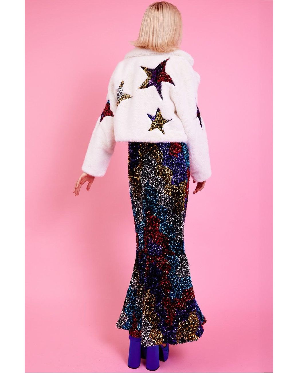 Jayley Pink Bamboo Faux Fur Sequins Star Jacket