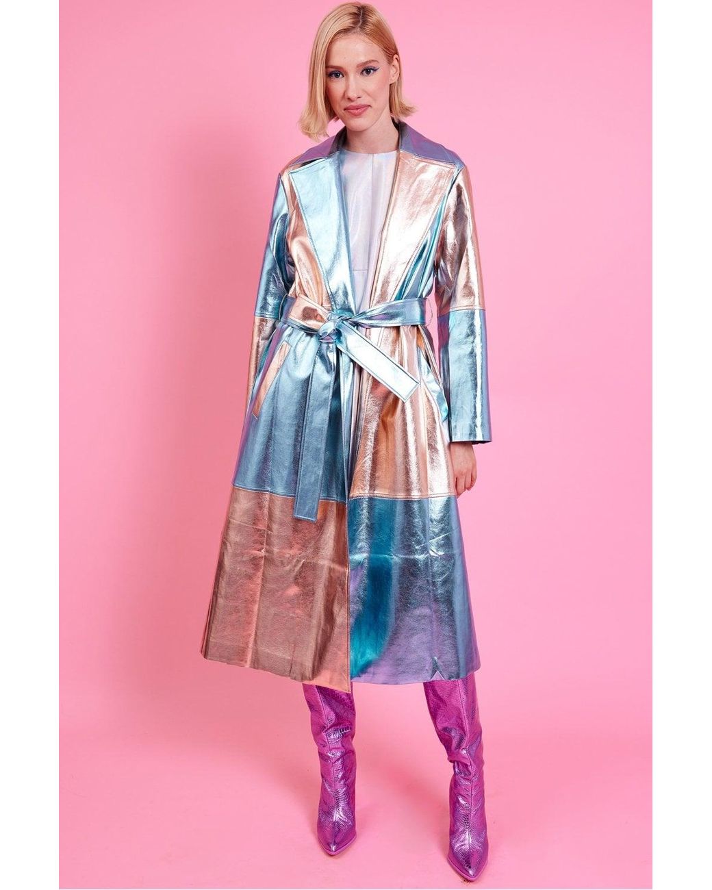 Jayley Pink Metallic Hand Cut Patchwork Trench Coat