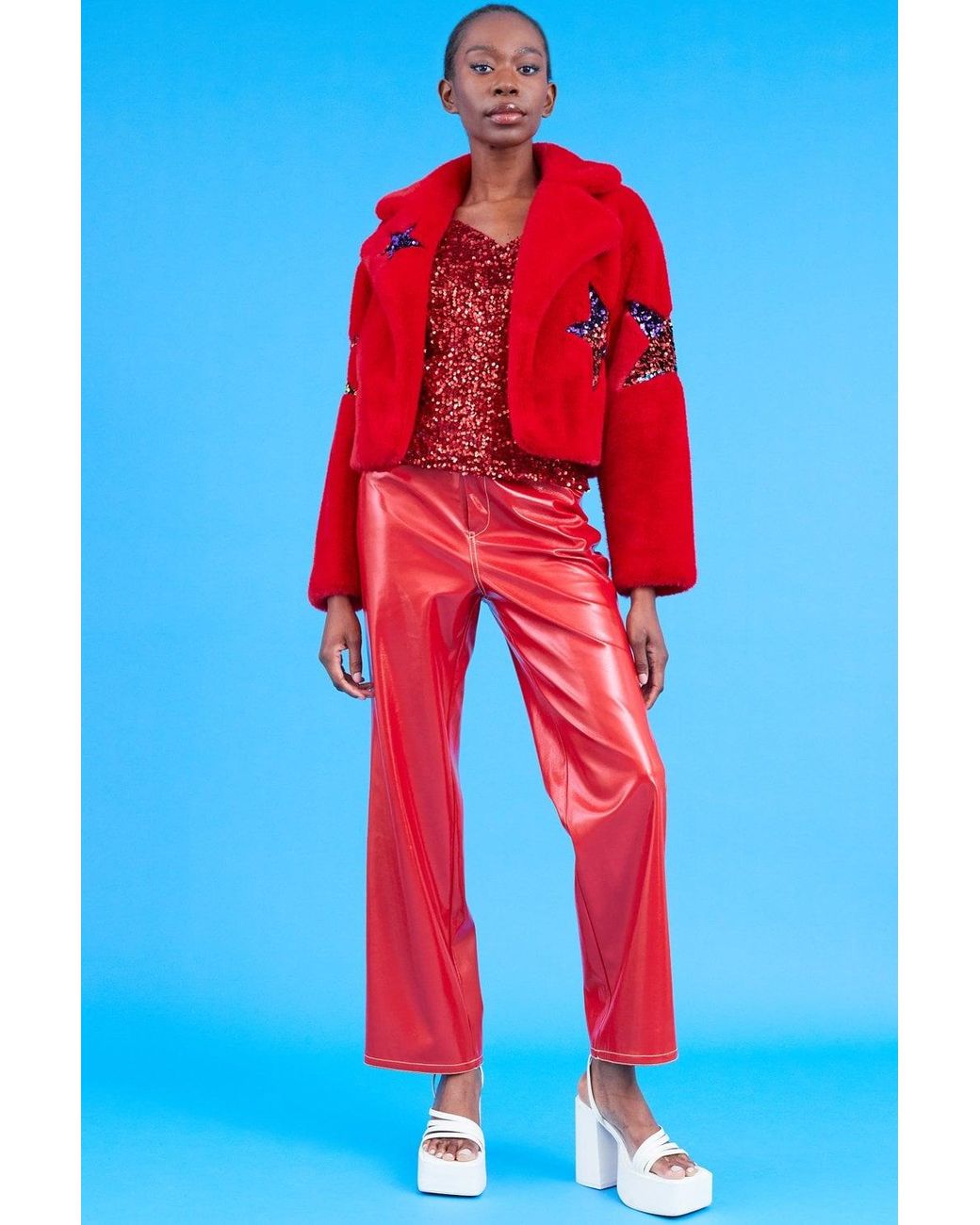 Jayley Blue Bamboo Faux Fur Sequins Star Jacket