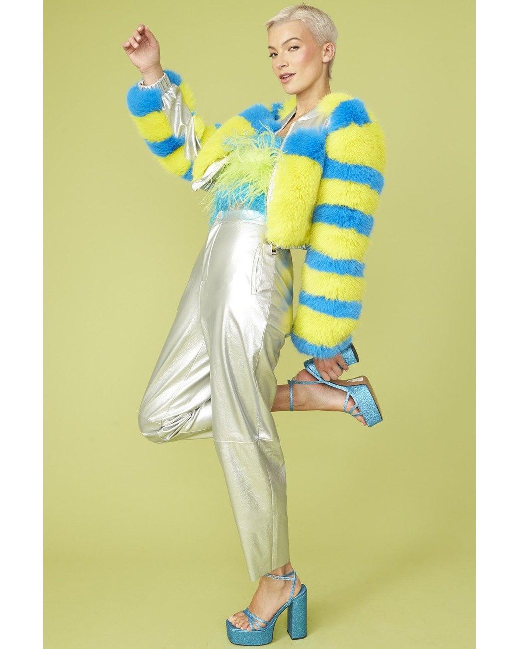 Jayley Yellow Striped Faux Fur Cropped Bomber Jacket