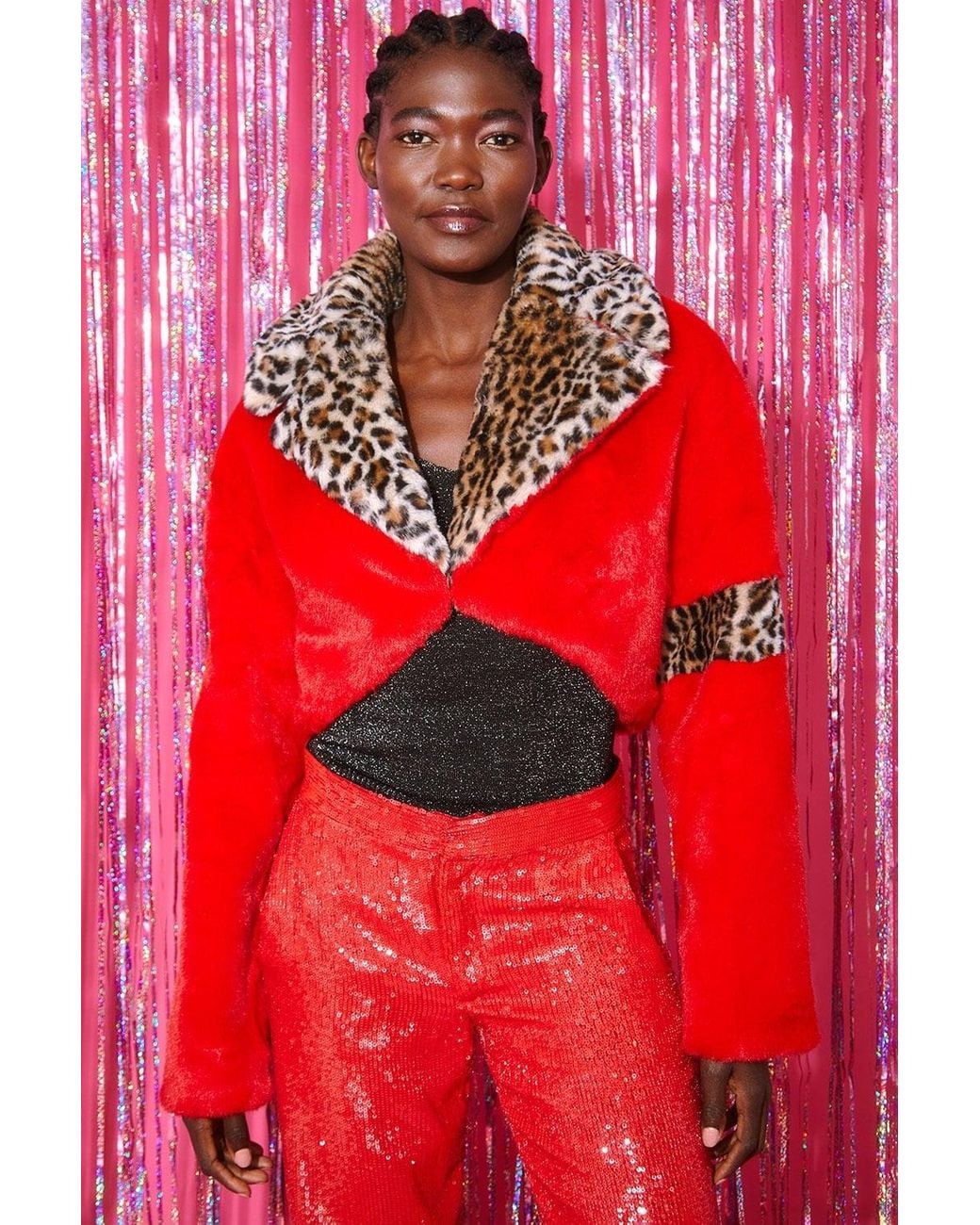 Jayley Red Cropped And Leopard Print Faux Fur Coat