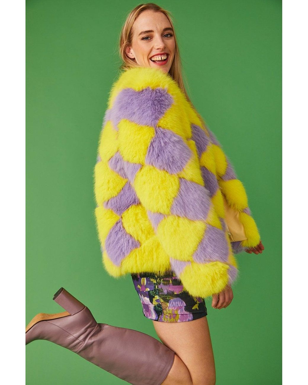 Jayley Yellow Delilah Diamond Faux Fur Jacket