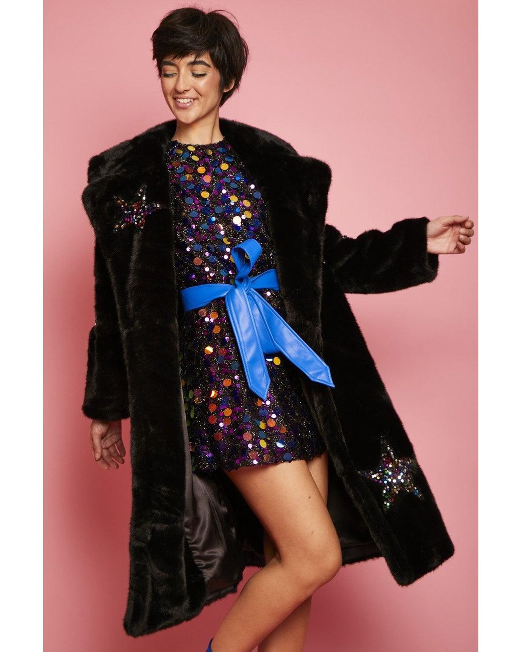 Jayley Black Eco Bamboo Faux Fur And Sequin Star Coat