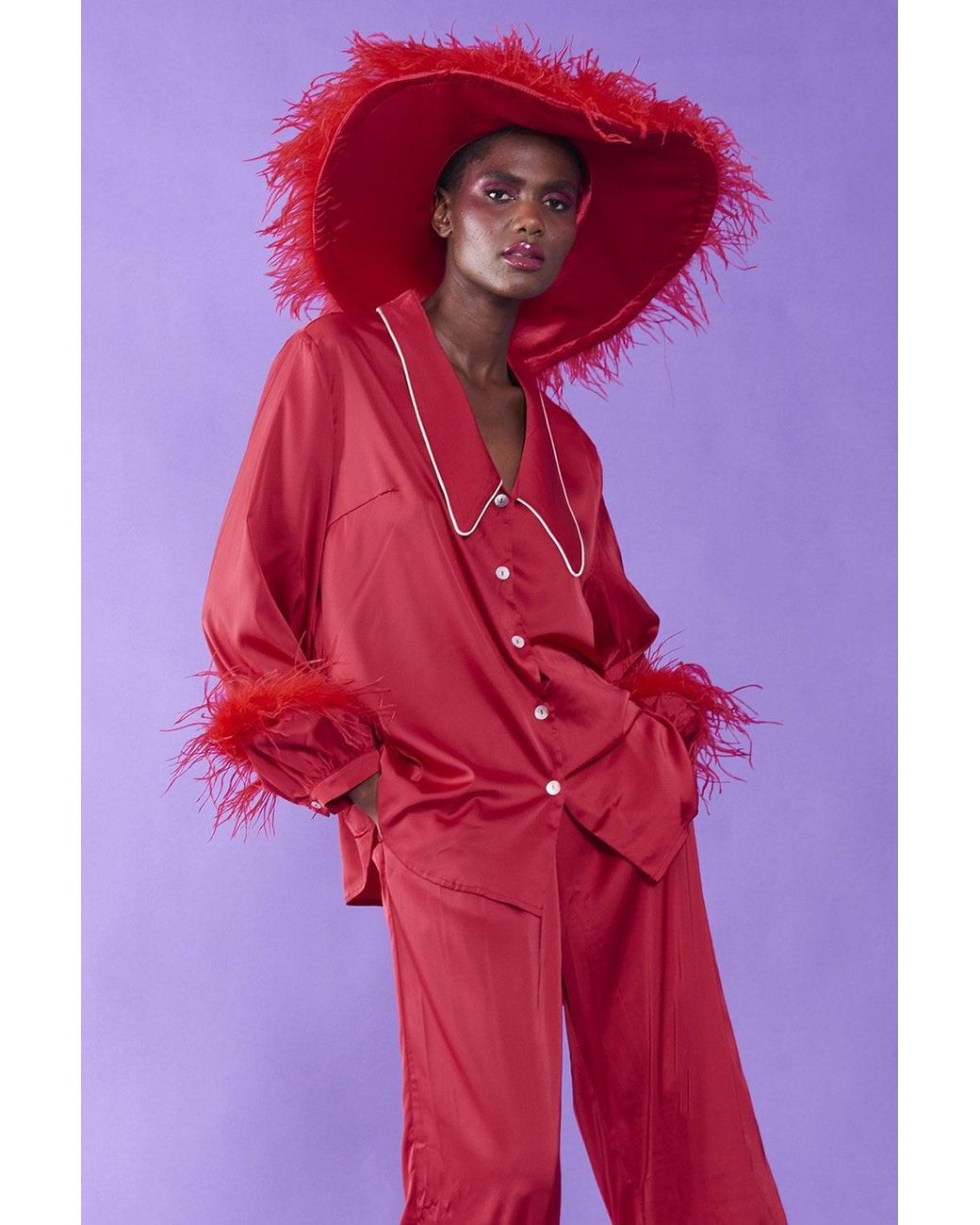Jayley Red Silk Pyjamas With Feather Trim