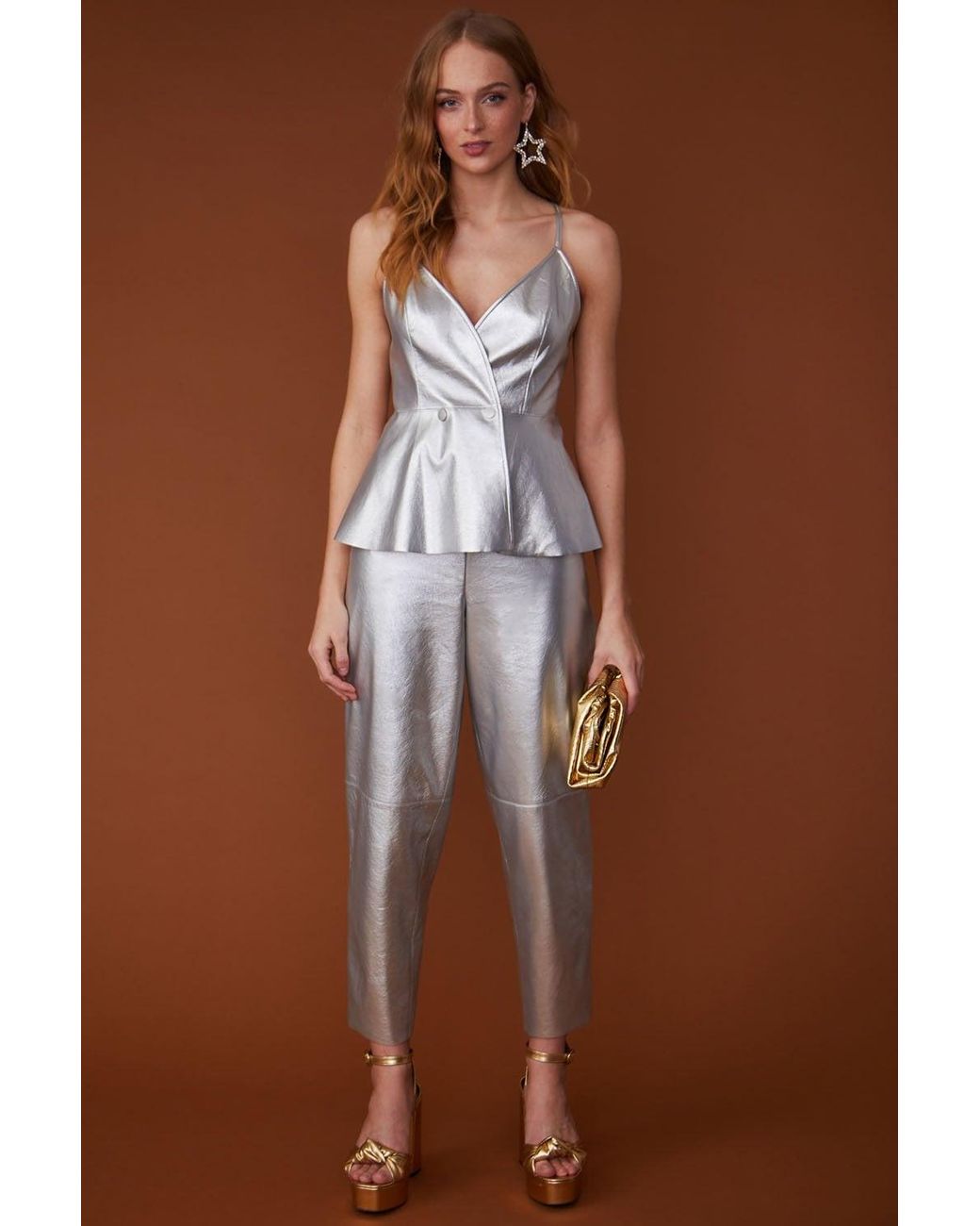 Jayley Brown Faux Leather Metallic Peplum Top