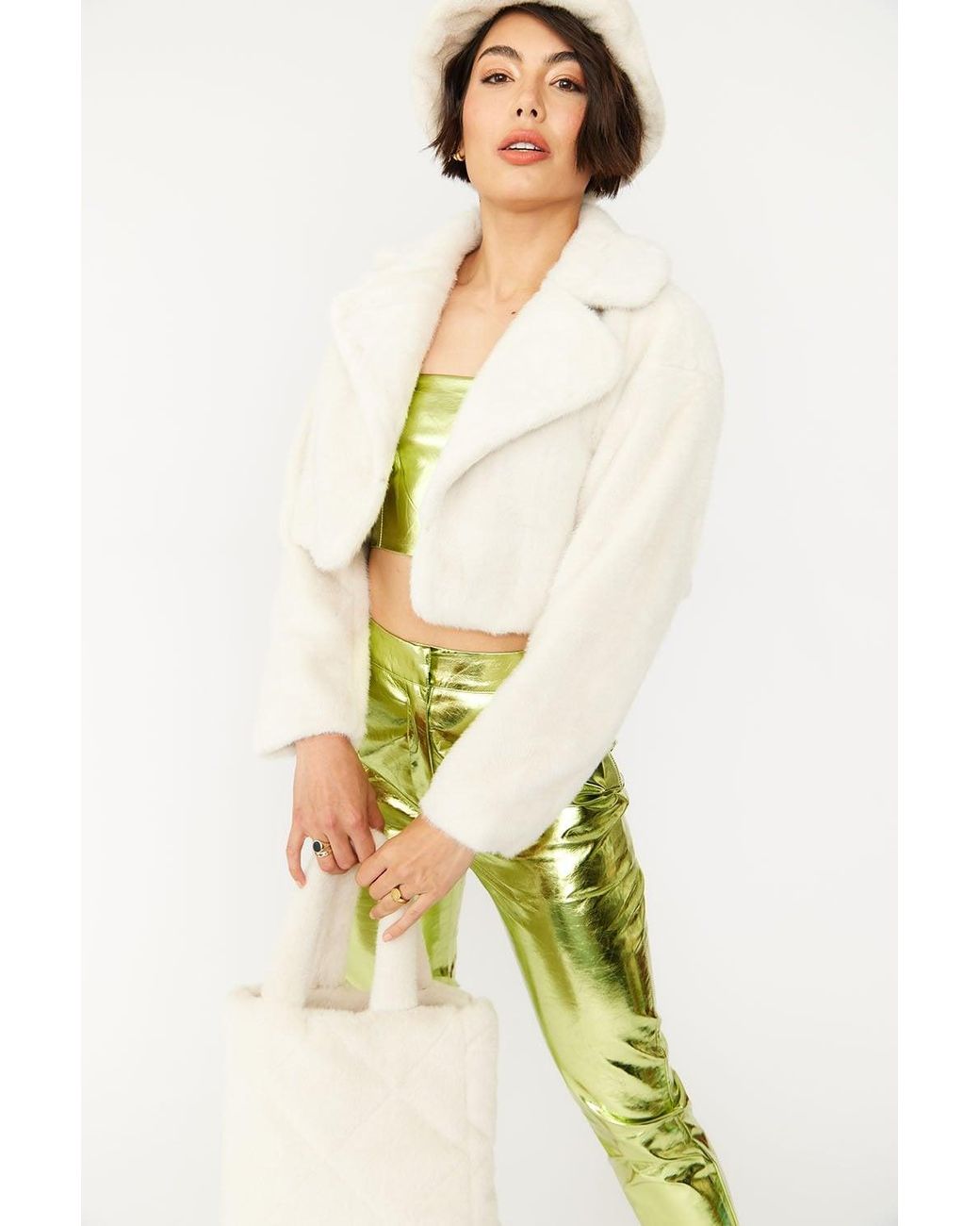 Jayley Yellow Vegan Faux Fur Cropped Jacket