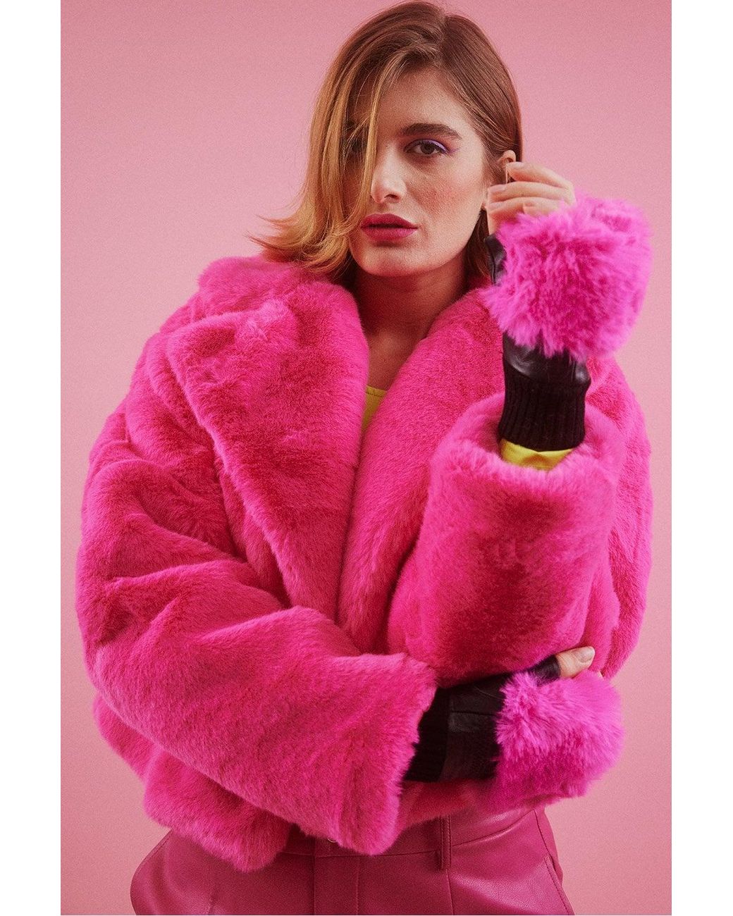 Jayley Pink Faux Fur Cropped Coat