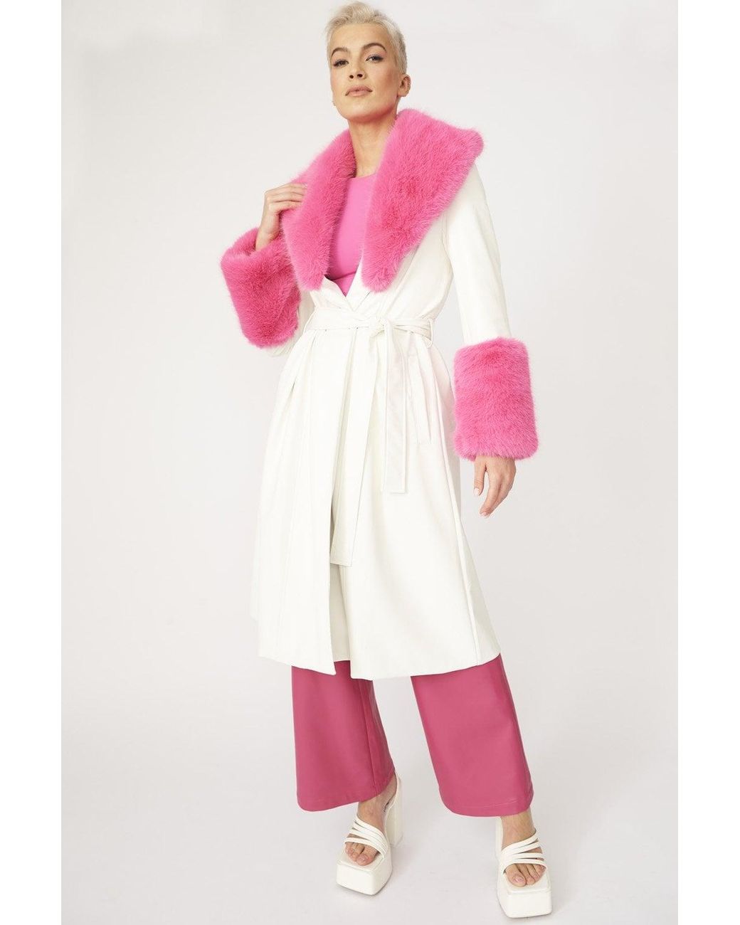 Jayley Pink Trench Style Belted Coat With Faux Fur Cuffs And Collar Si