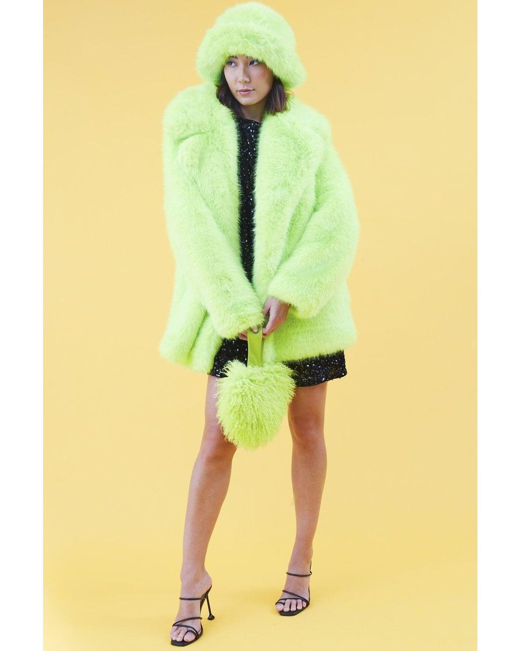Jayley Yellow Faux Fur Lime Midi Coat