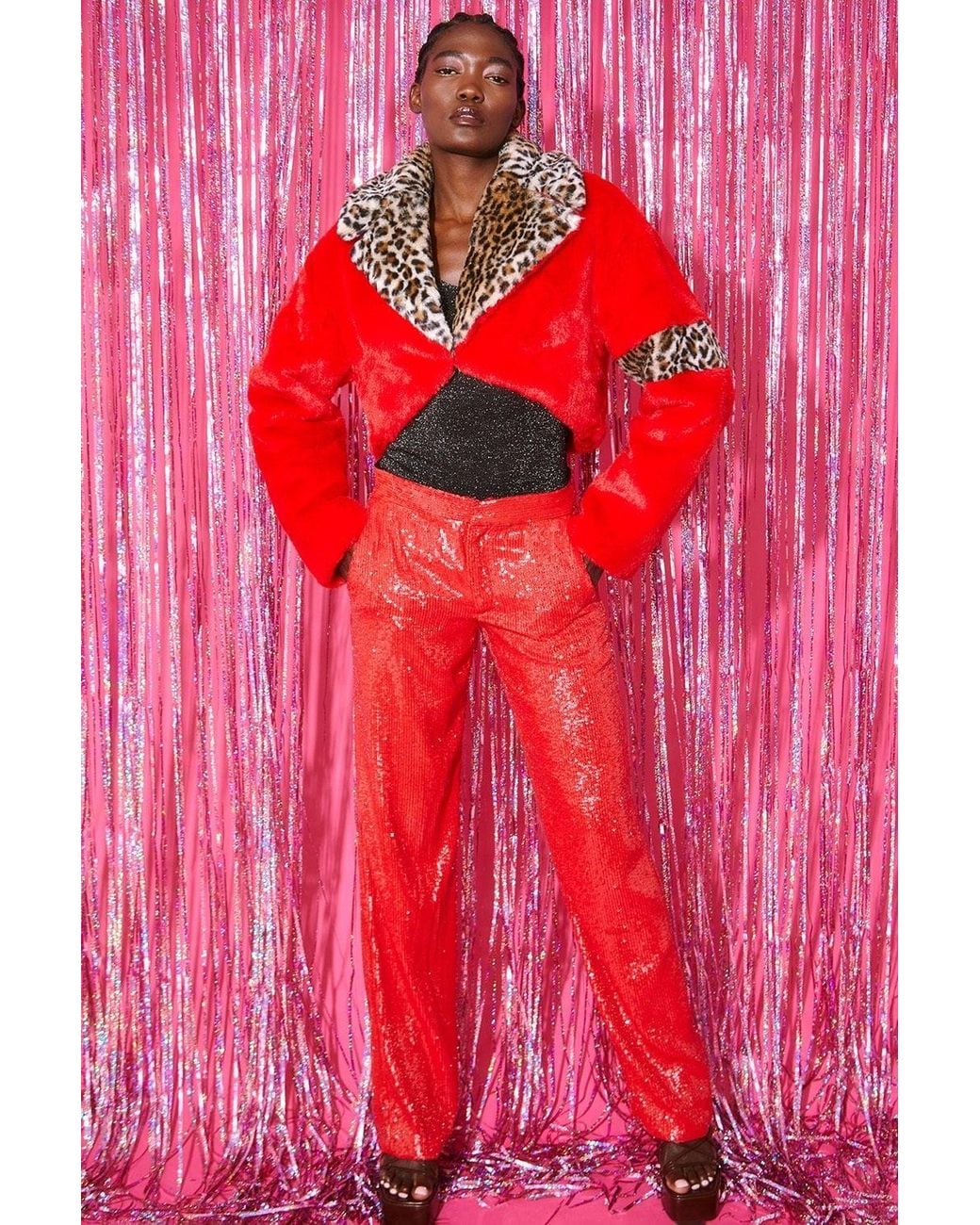 Jayley Red Cropped And Leopard Print Faux Fur Coat