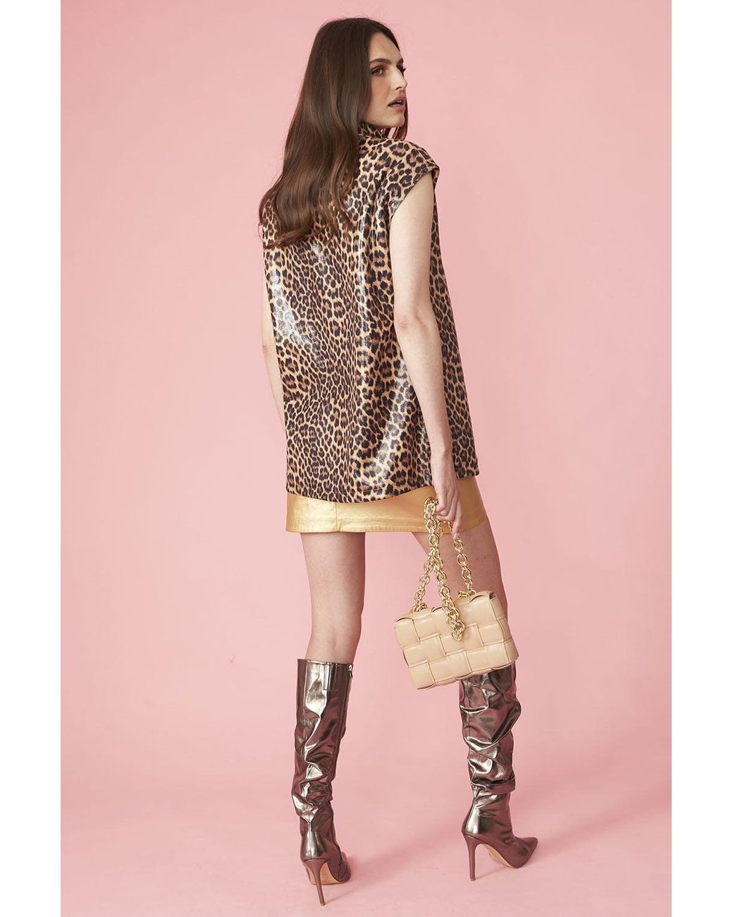 Jayley Pink Eco Leather Leopard Print Sleeveless Shirt
