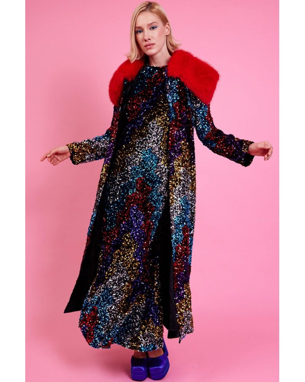 Jayley Pink Sequin Velvet Trench Coat With Faux Fur Collar Size