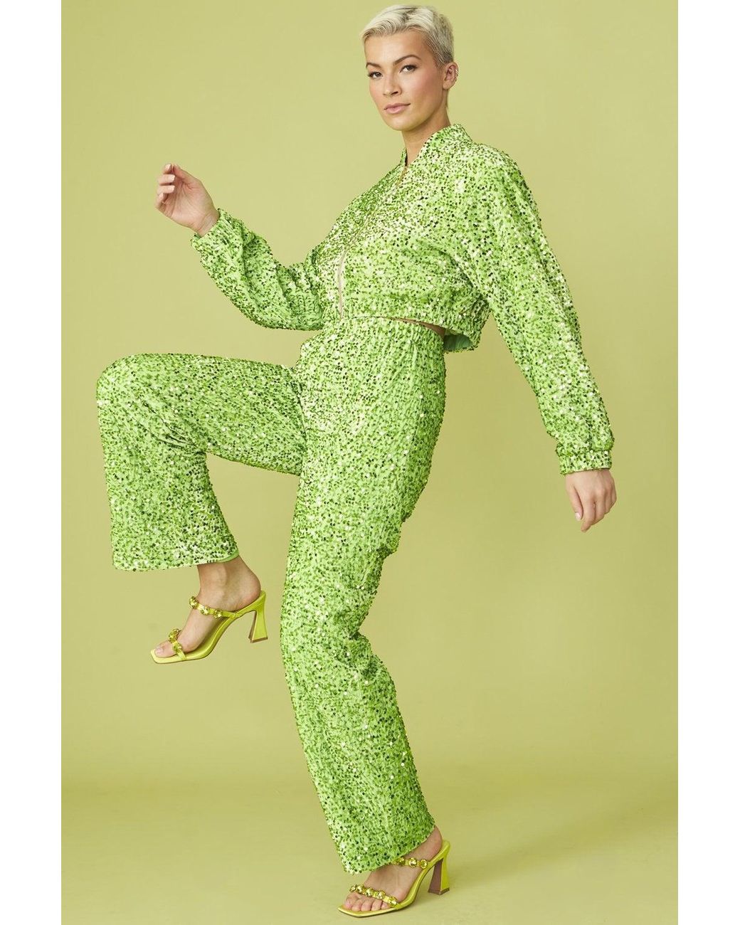 Jayley Green Sequin Trousers With Elasticated Waste