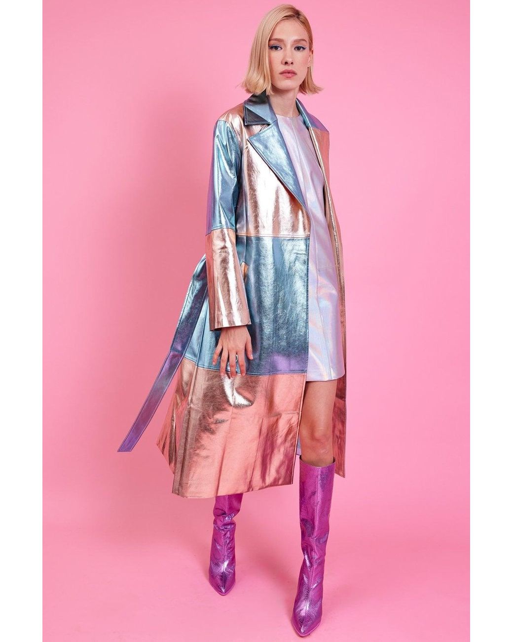 Jayley Pink Metallic Hand Cut Patchwork Trench Coat