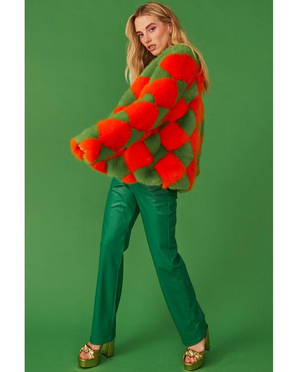Jayley Green Delilah Diamond Faux Fur Coat