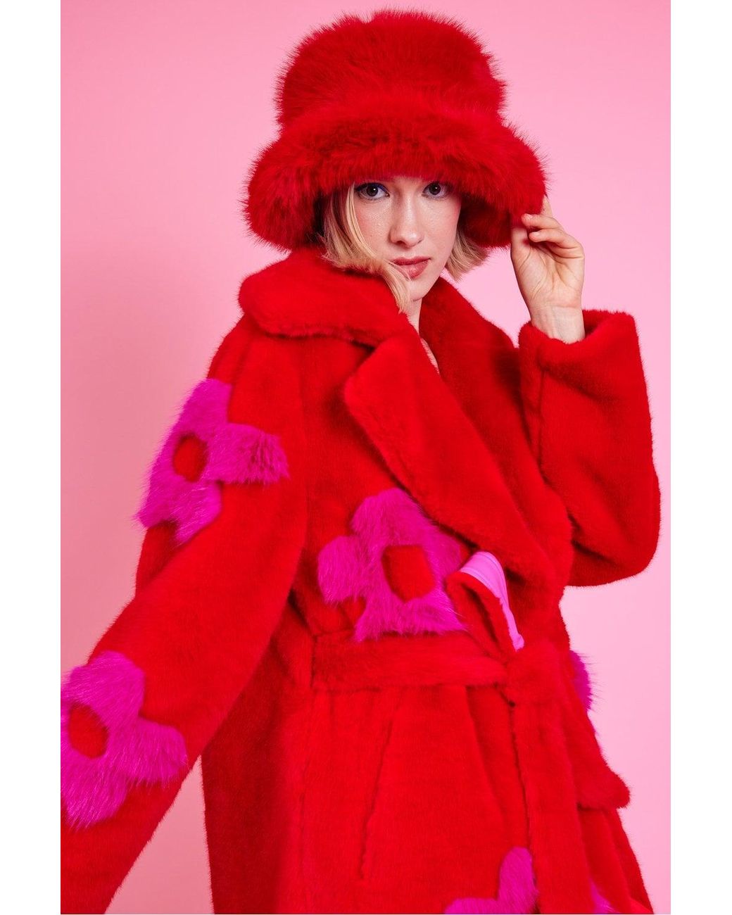 Jayley Red Faux Fur Long Coat