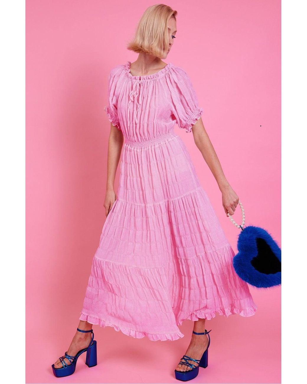 Jayley Pink Silk Blend Maxi Ruffle Dress