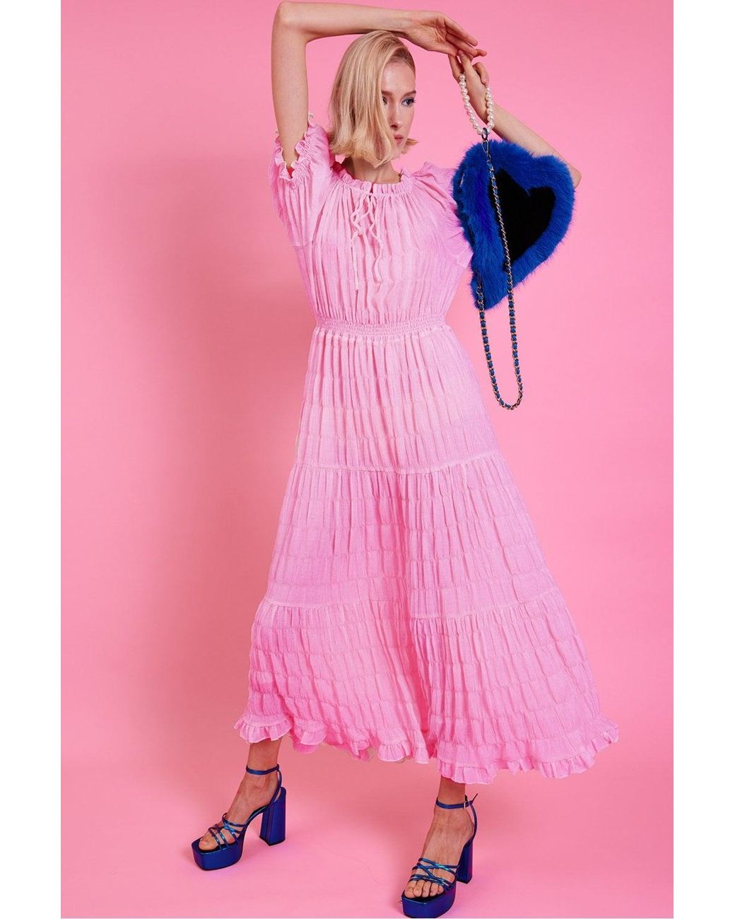 Jayley Pink Silk Blend Maxi Ruffle Dress