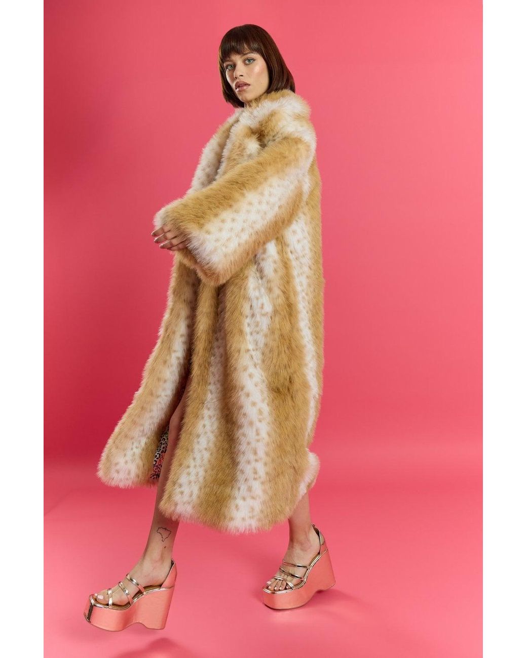 Jayley Pink Bamboo Blend Faux Sable Fur Animal Print Coat
