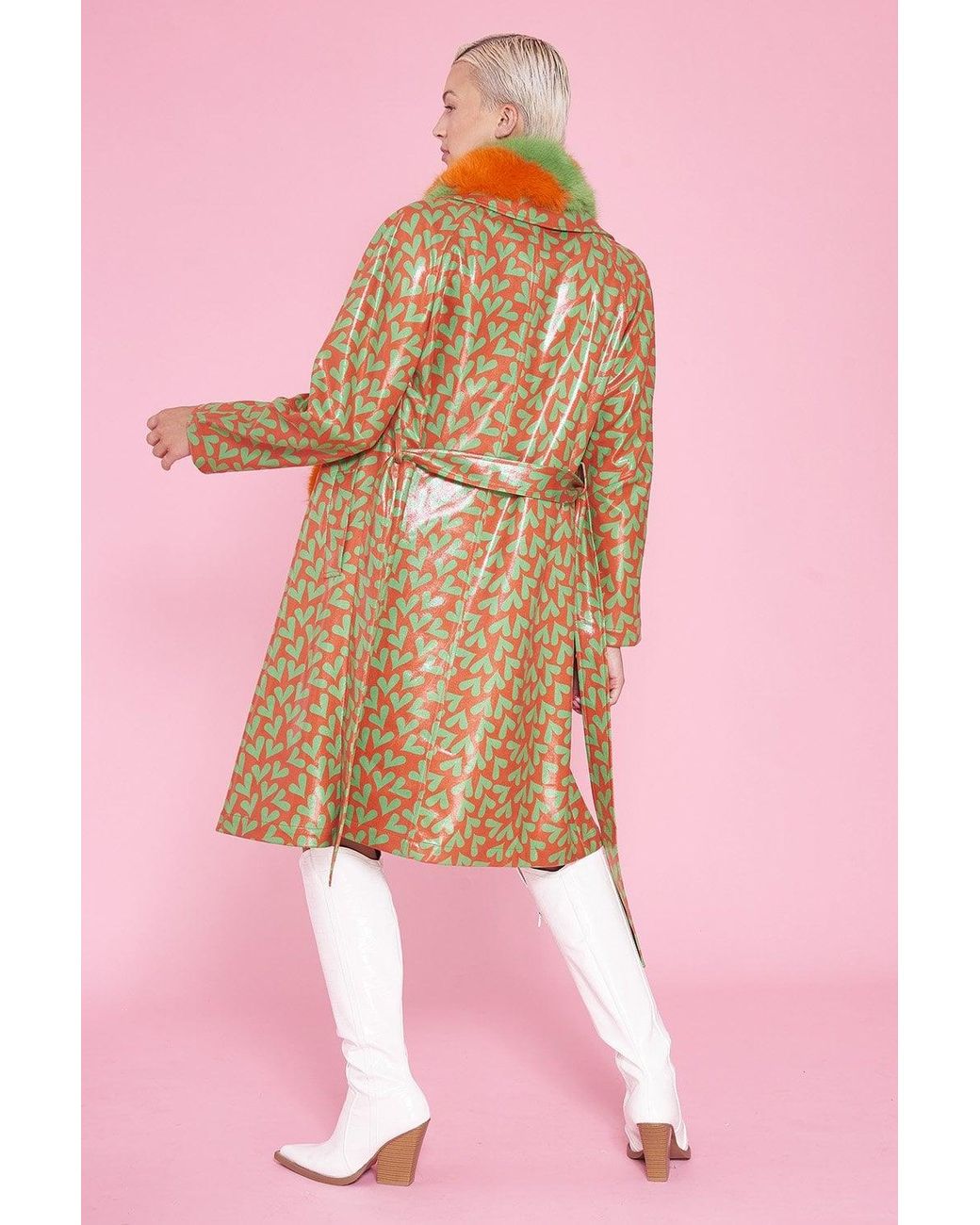 Jayley Pink Faux Suede Heart Print Trench Coat