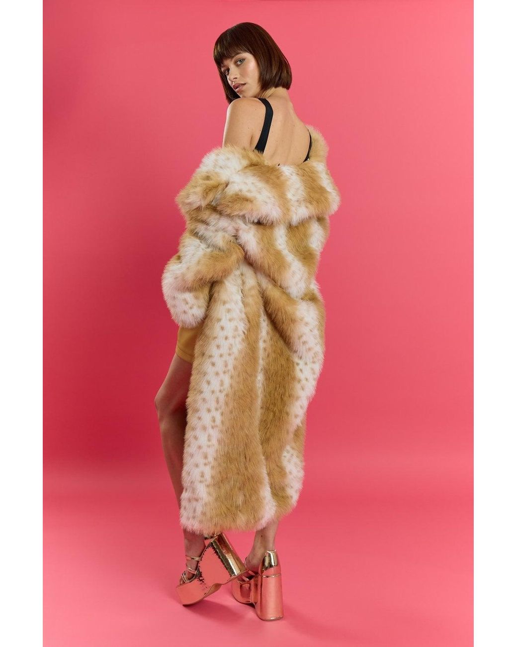 Jayley Pink Bamboo Blend Faux Sable Fur Animal Print Coat