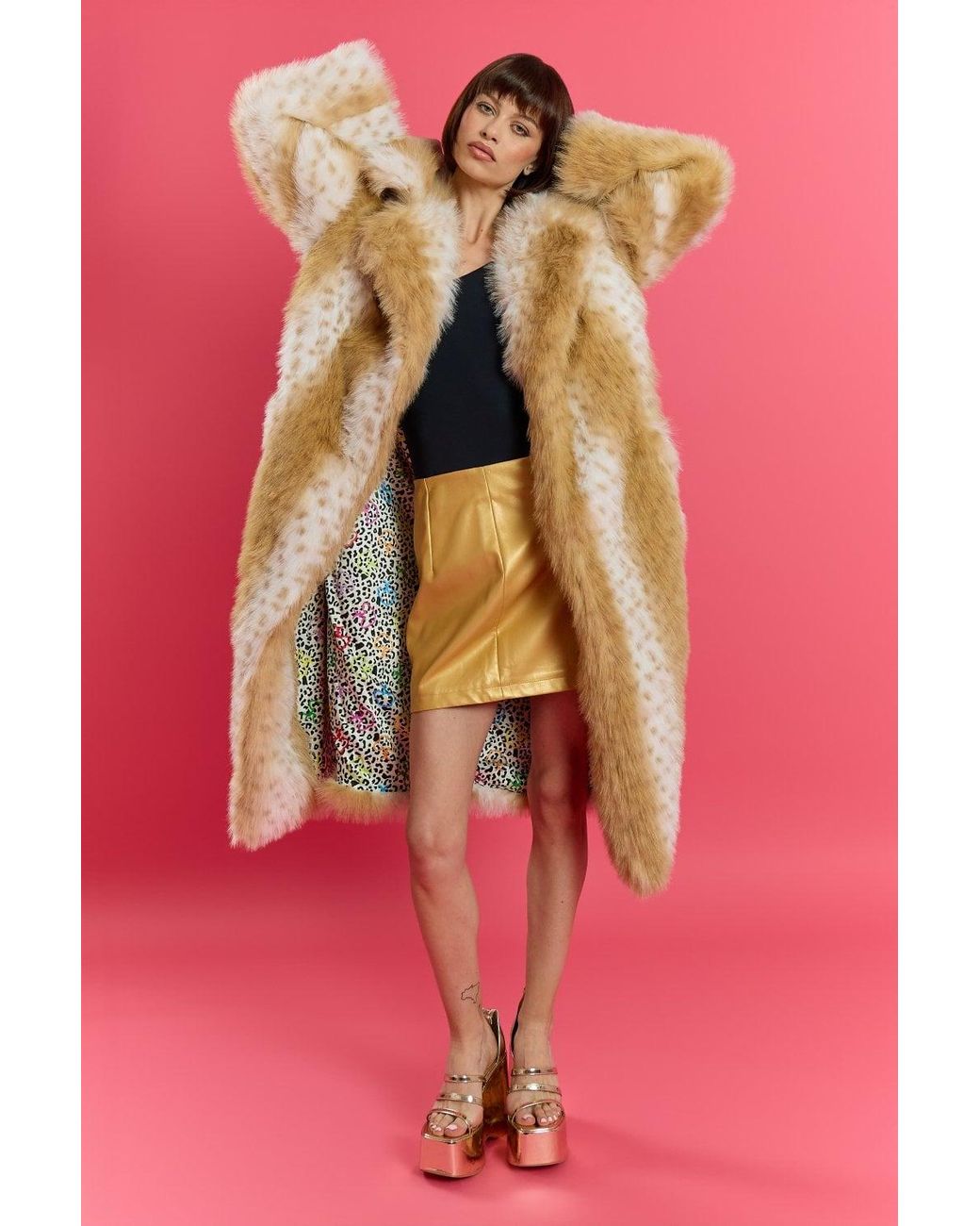 Jayley Pink Bamboo Blend Faux Sable Fur Animal Print Coat