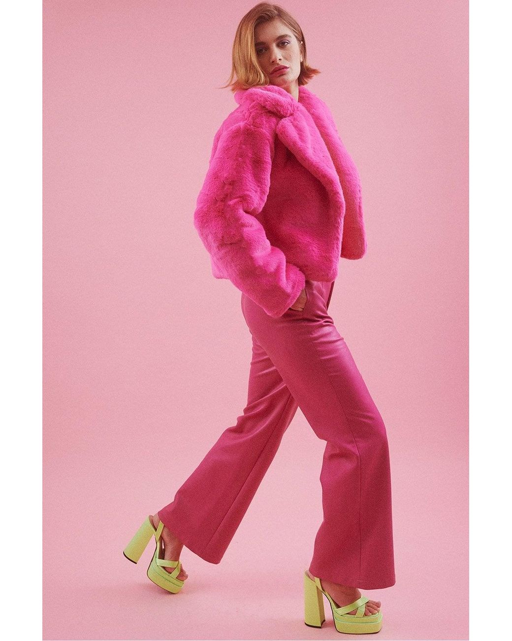 Jayley Pink Faux Fur Cropped Coat