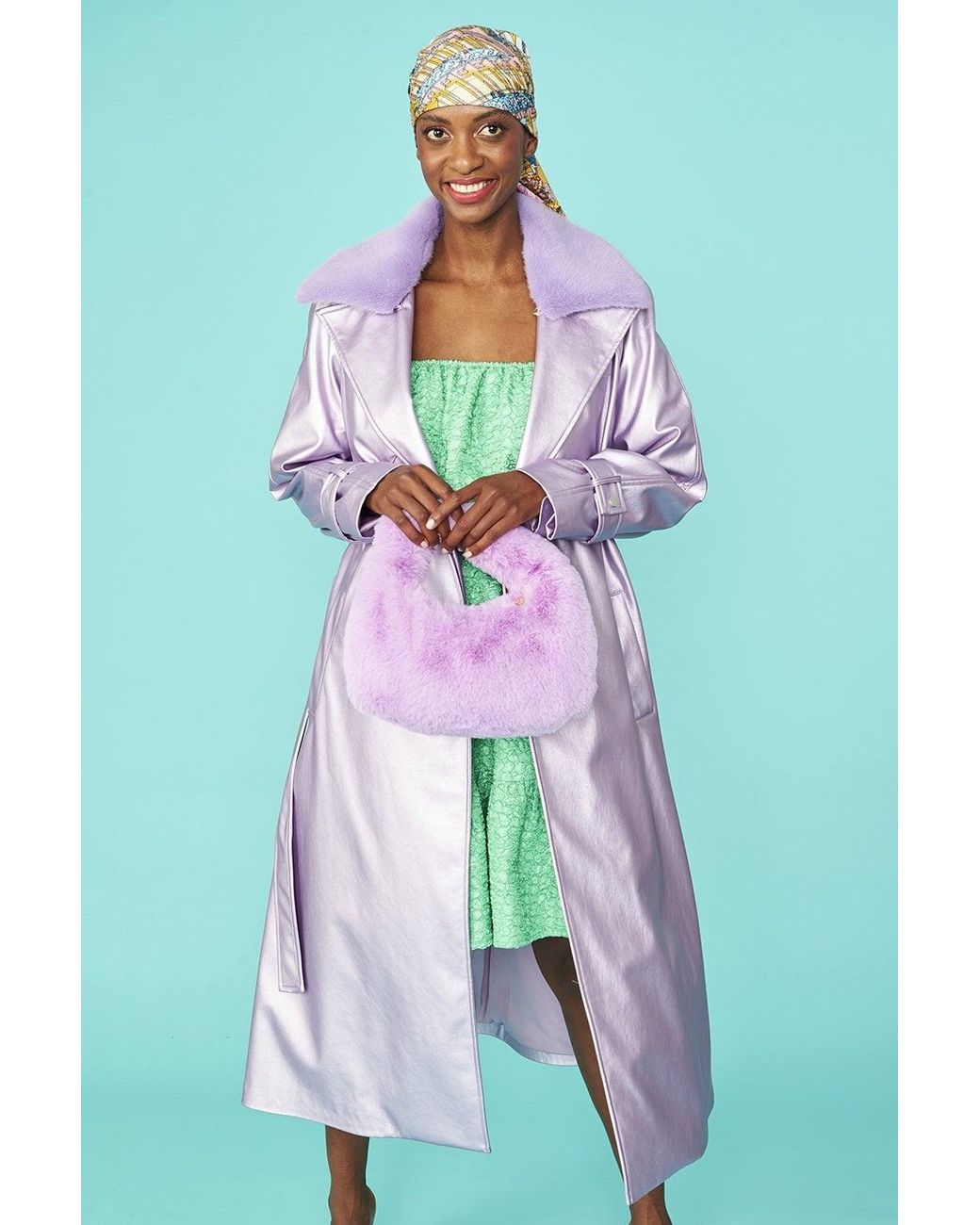 Jayley Green Lilac Faux Suede Metallic Maxi Trench Coat