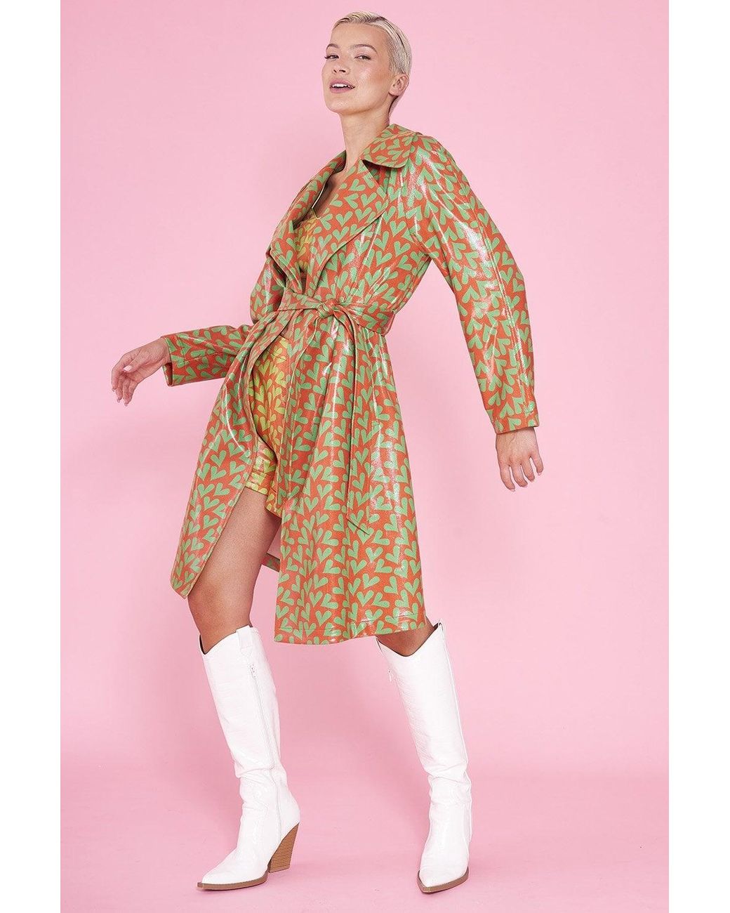 Jayley Pink Faux Suede Heart Print Trench Coat