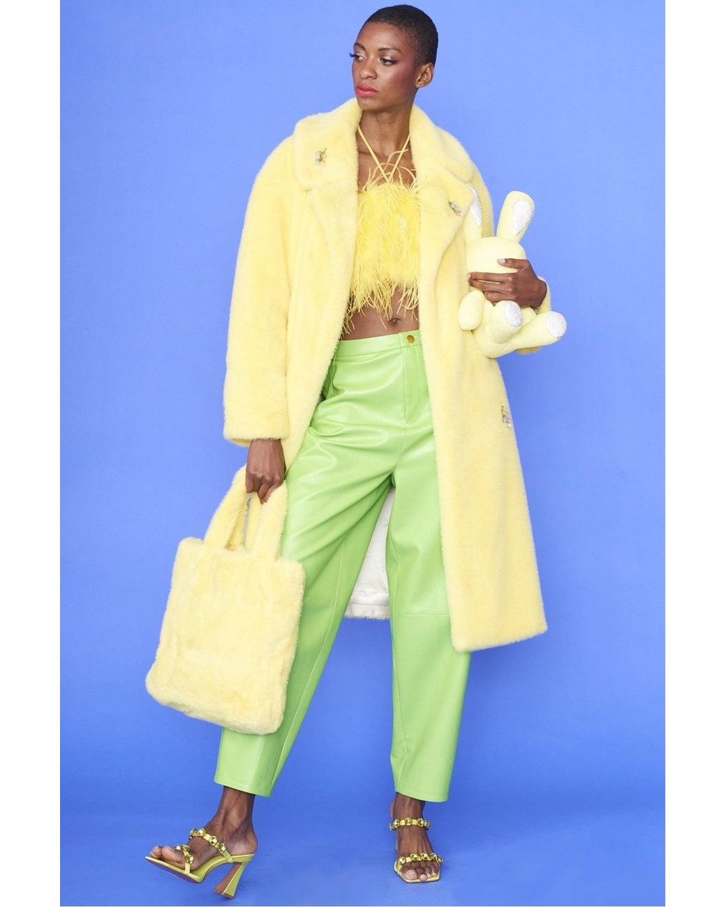 Jayley Blue Faux Fur Coat With Floral Embellishments