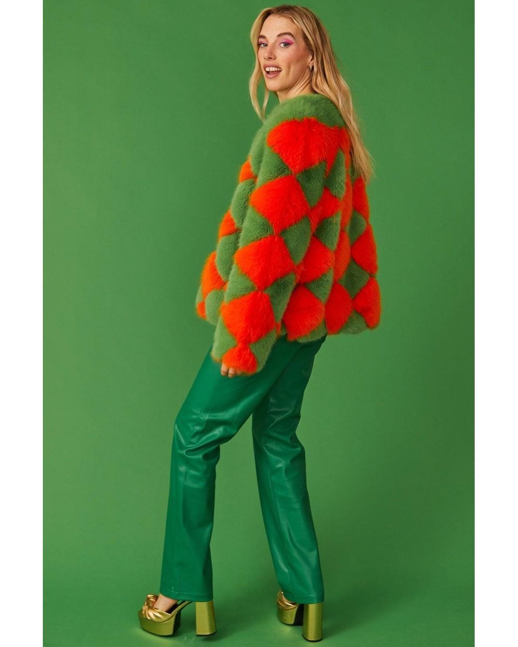 Jayley Green Delilah Diamond Faux Fur Coat