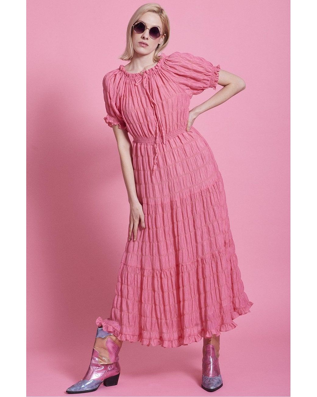 Jayley Pink Silk Blend Maxi Ruffle Dress