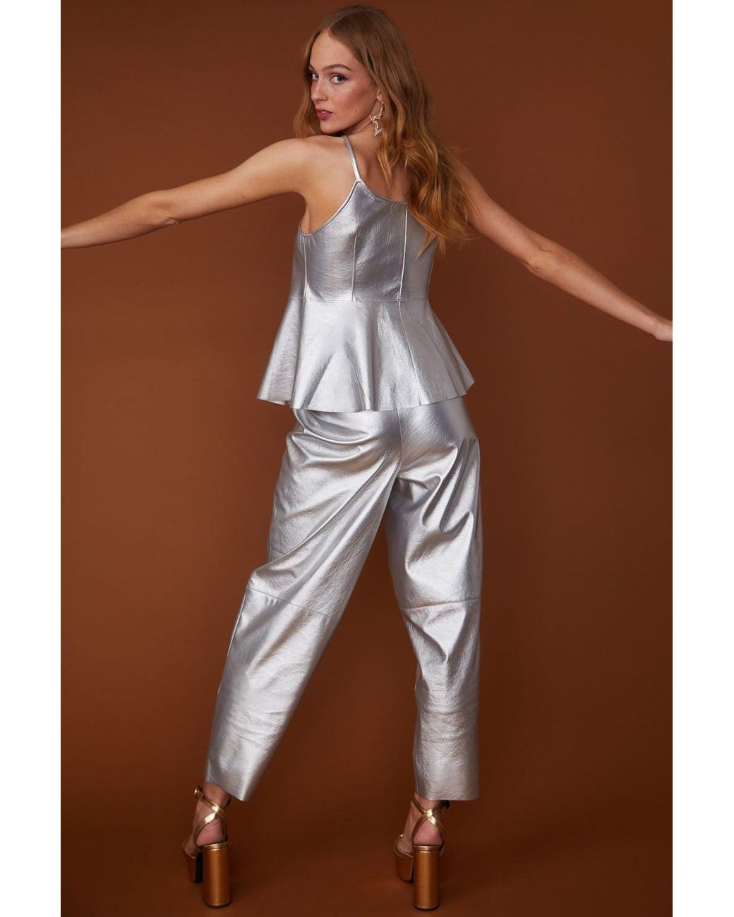 Jayley Brown Faux Leather Metallic Peplum Top