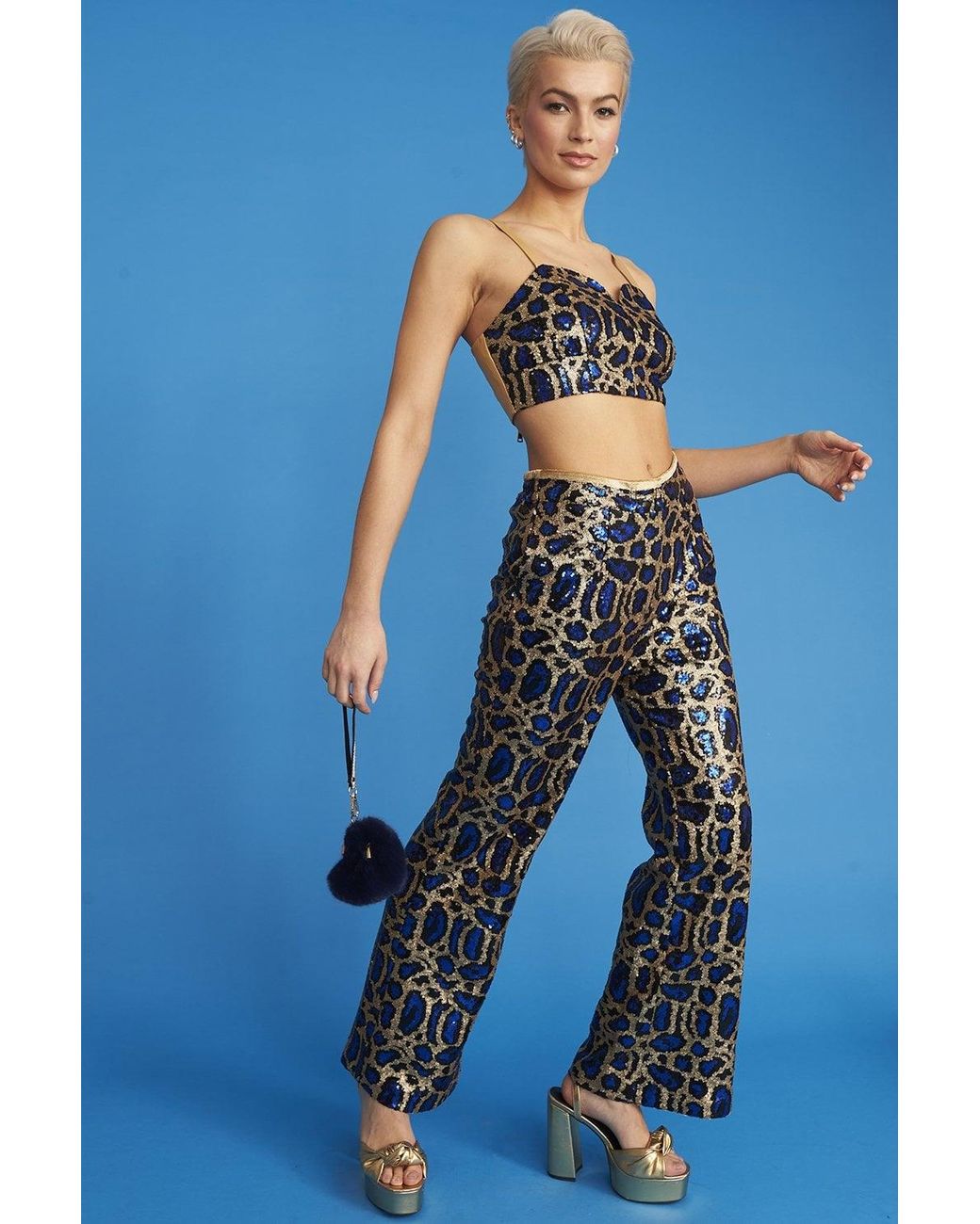 Jayley Blue Animal Print Sequin Trousers