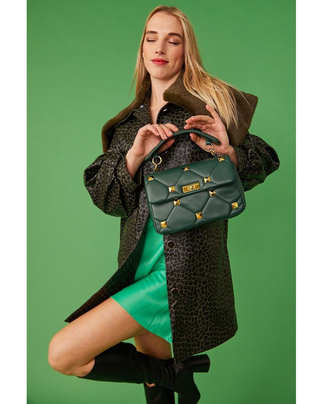 Jayley Green Animal Print Coat With Oversized Faux Fur Collar Size: S