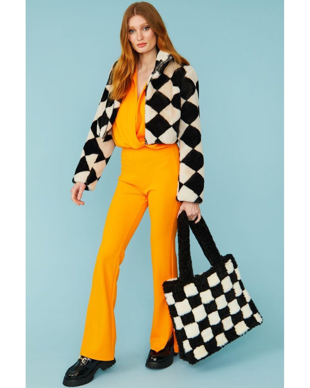 Jayley Blue Faux Fur Geometric Cropped Jacket