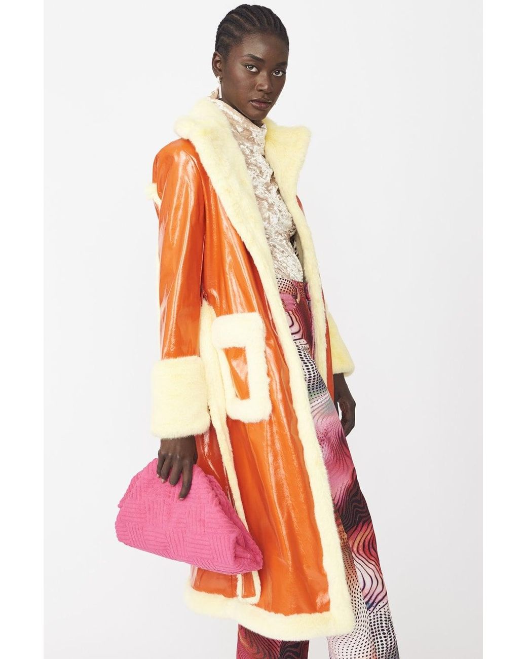 Jayley Orange Faux Fur And Faux Suede Trench Coat