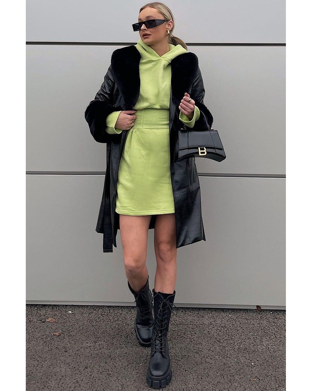 Jayley Green Luxury Faux Leather Aubrey Coat With Detachable Faux Fur