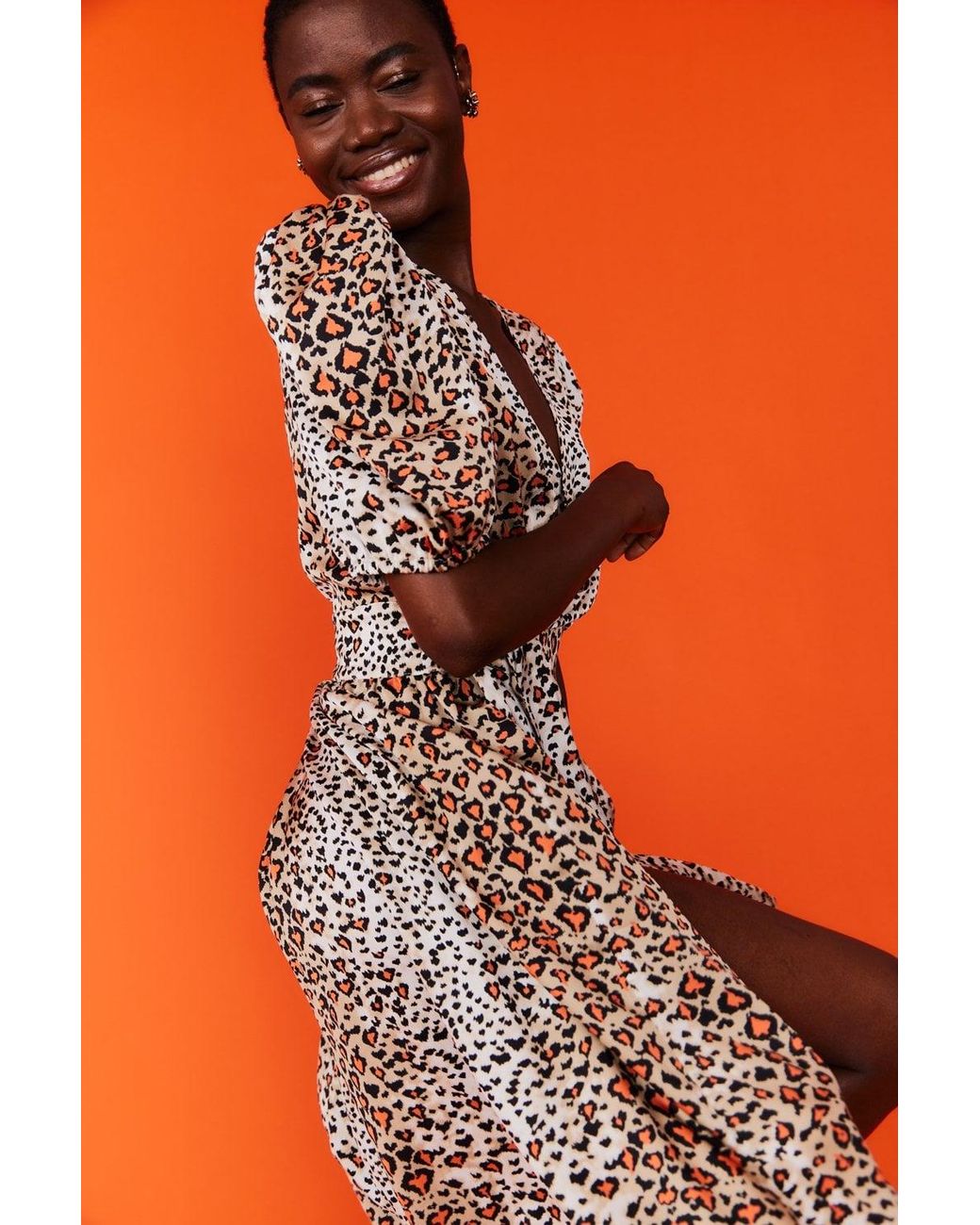Jayley Orange Silk Blend Animal Print Maxi Wrap Dress