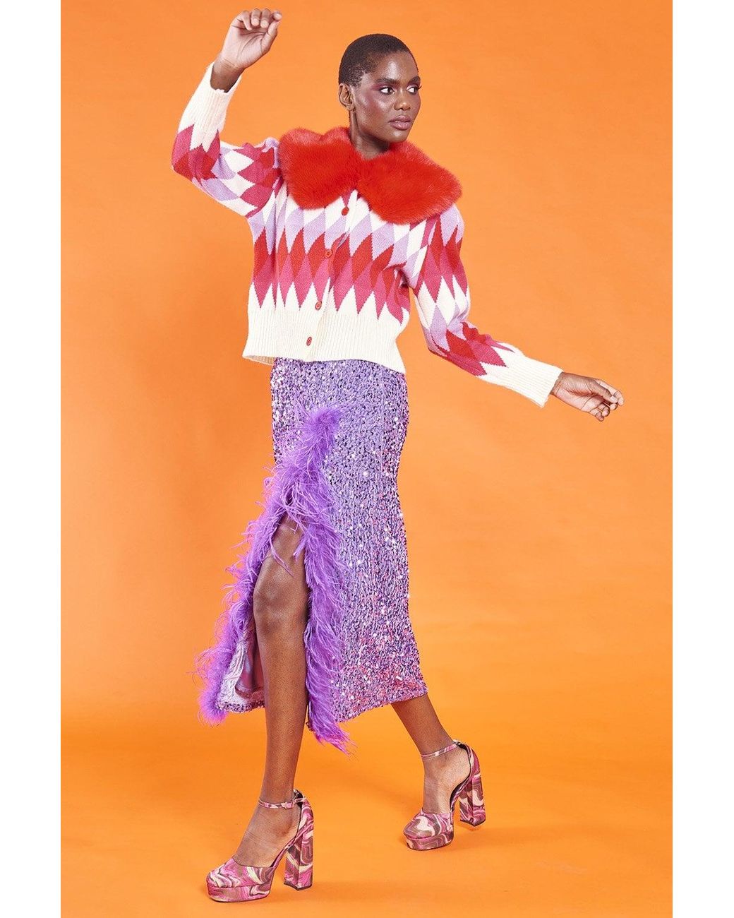 Jayley Diamond Design Banana Peel Cardigan Multi-Coloured With Faux Fu