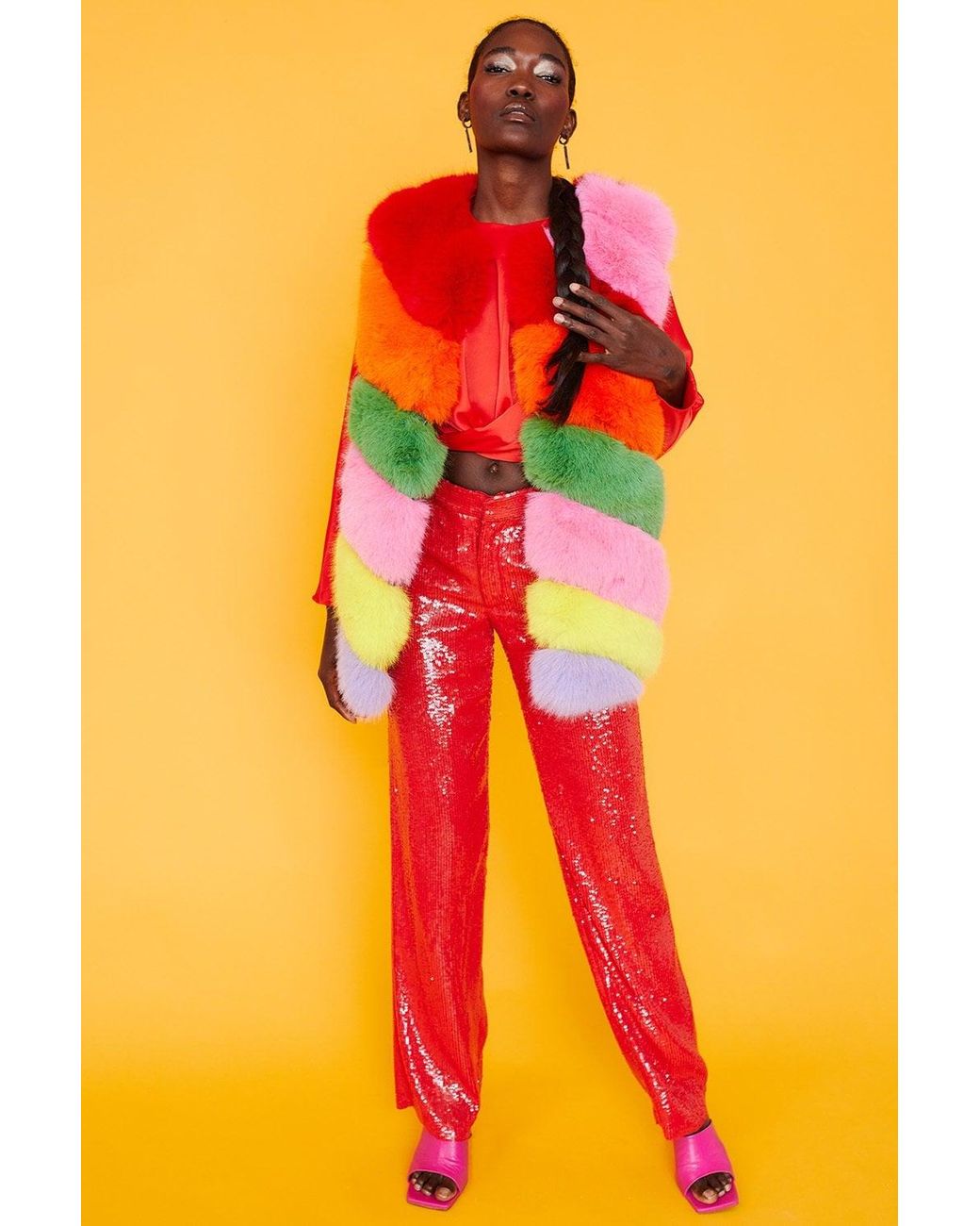 Jayley Orange Gaga Faux Fur Striped Gilet