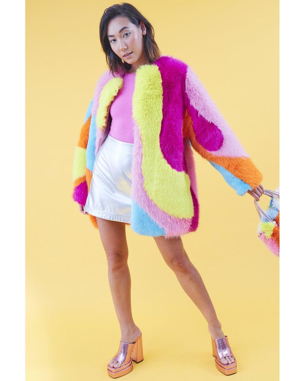 Jayley Orange Faux Fur Multi-Coloured Coat