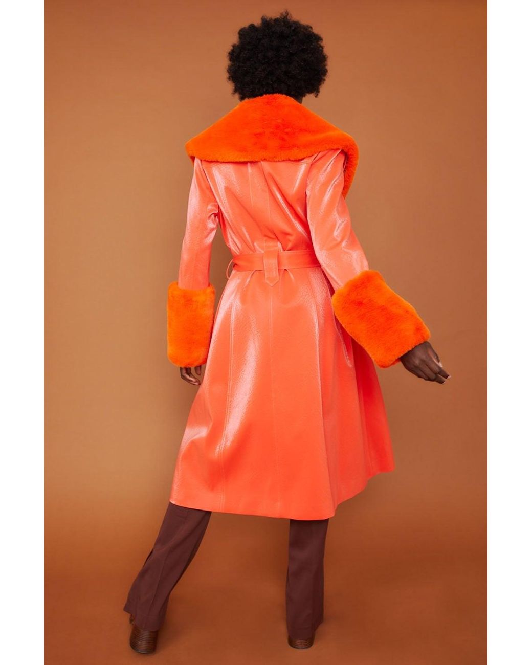 Jayley Orange Trench Style Belted Coat With Faux Fur Cuffs And Collar
