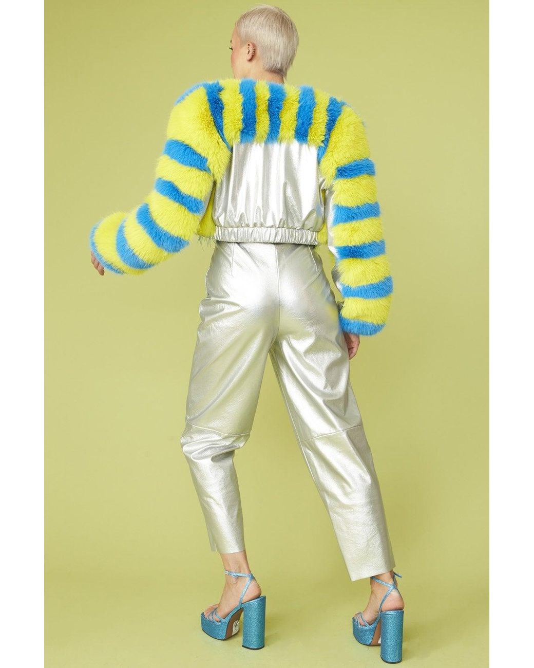 Jayley Yellow Striped Faux Fur Cropped Bomber Jacket