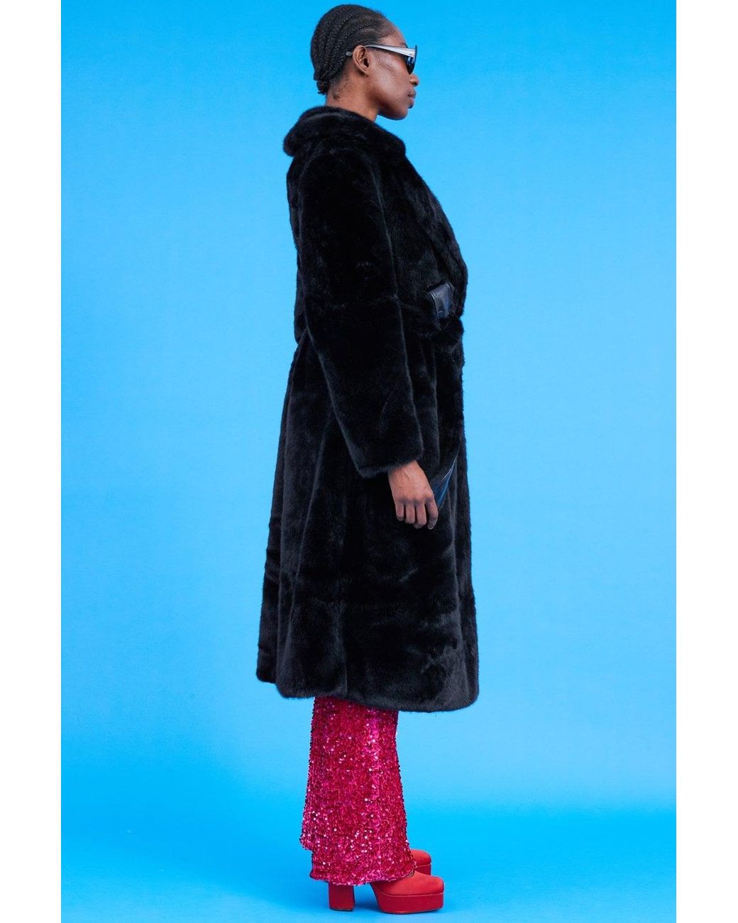 Jayley Blue Faux Fur Maxi Trench Coat With Belt