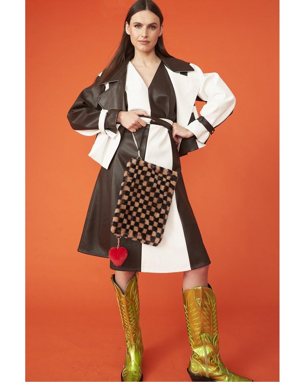 Jayley Orange Faux Leather Patchwork Check Jacket