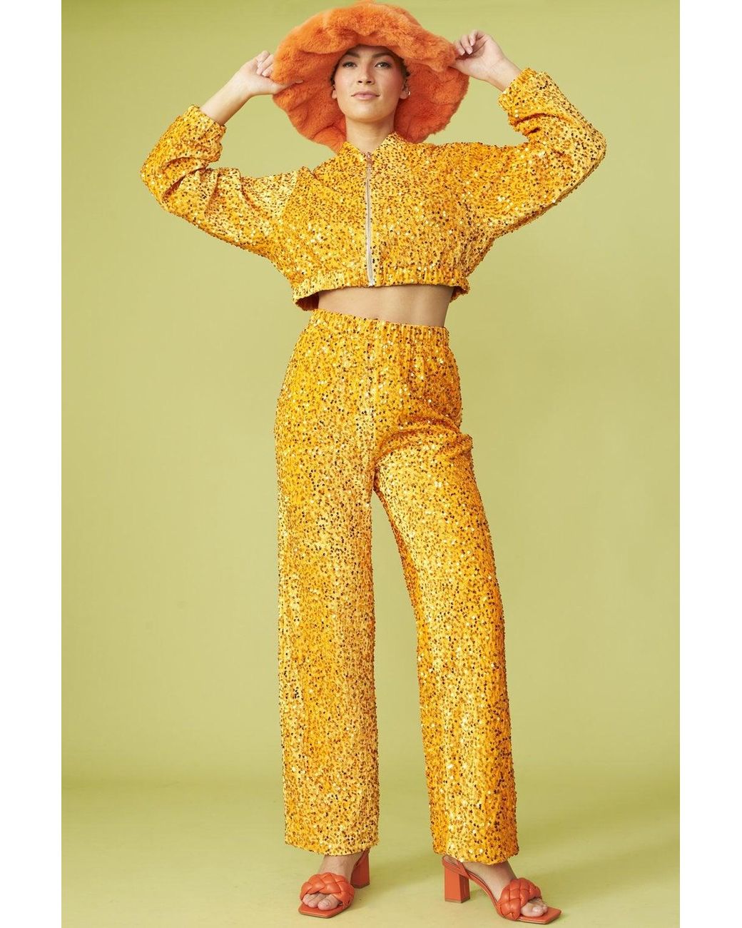 Jayley Yellow Sequin Trousers With Elasticated Waste